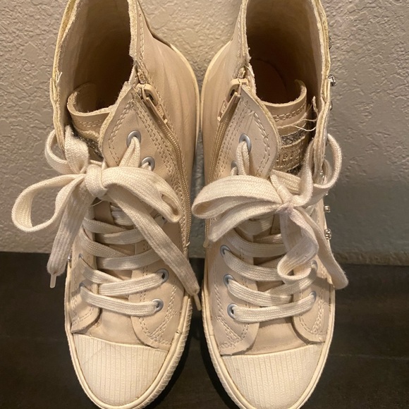 Zara Girls Hightop Lace-Up Side Zip Tennis Shoes w/Rhinestones Cream Color Cute! - Picture 11 of 14